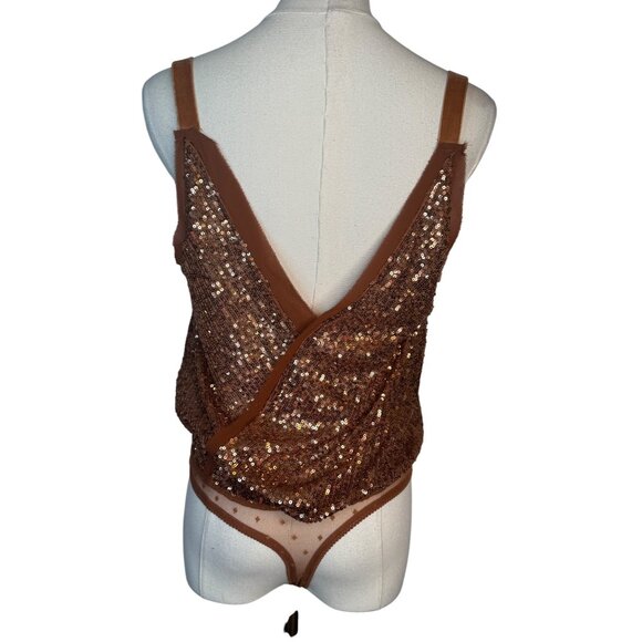Free People XS Women's Shimmer & Shine Thong Bodysuit, Sunset, Brown, Metallic - Picture 2 of 15